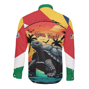 Personalised Afro Seychelles Long Sleeve Button Shirt Aldabra Giant Tortoise With Beach Sunset
