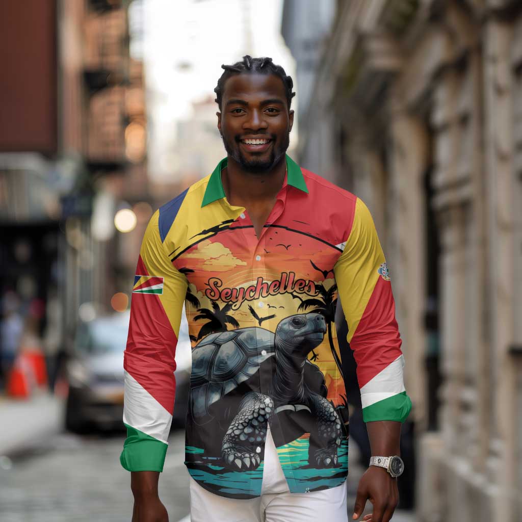 Personalised Afro Seychelles Long Sleeve Button Shirt Aldabra Giant Tortoise With Beach Sunset