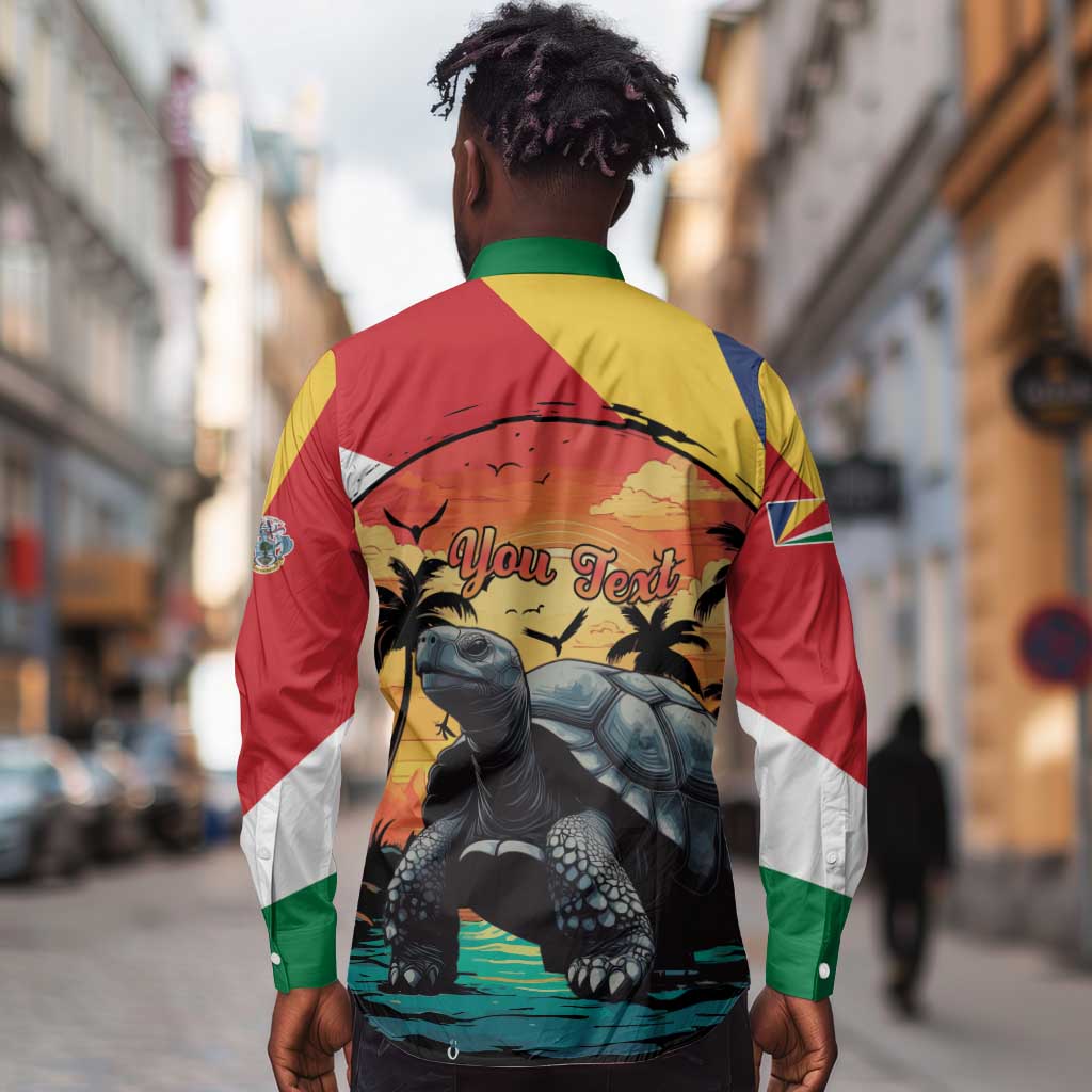 Personalised Afro Seychelles Long Sleeve Button Shirt Aldabra Giant Tortoise With Beach Sunset