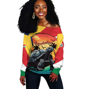 Personalised Afro Seychelles Off Shoulder Sweater Aldabra Giant Tortoise With Beach Sunset