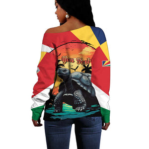 Personalised Afro Seychelles Off Shoulder Sweater Aldabra Giant Tortoise With Beach Sunset