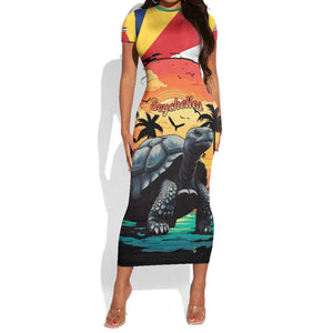 Personalised Afro Seychelles Short Sleeve Bodycon Dress Aldabra Giant Tortoise With Beach Sunset LT15