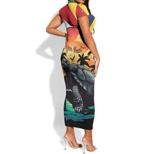 Personalised Afro Seychelles Short Sleeve Bodycon Dress Aldabra Giant Tortoise With Beach Sunset LT15