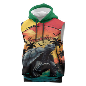 Personalised Afro Seychelles Sleeveless Hoodie Aldabra Giant Tortoise With Beach Sunset - African Pride