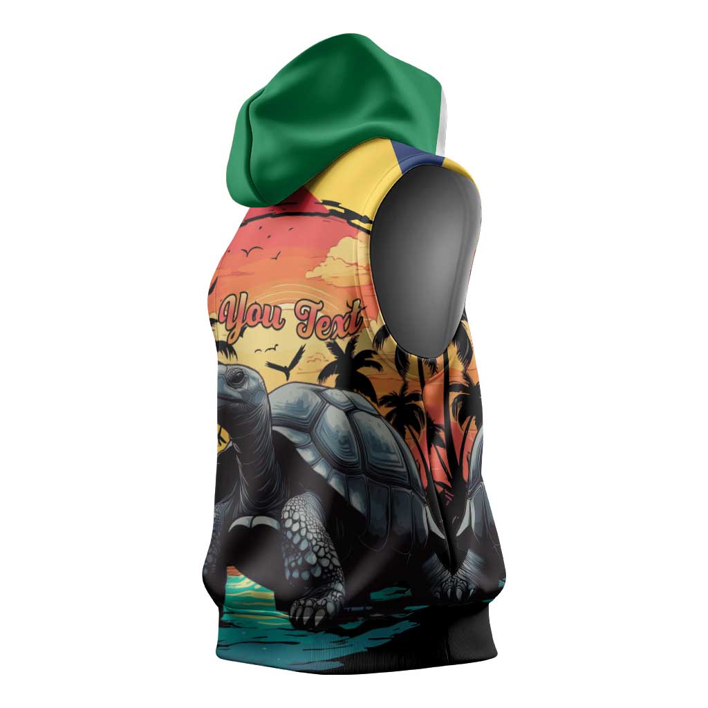 Personalised Afro Seychelles Sleeveless Hoodie Aldabra Giant Tortoise With Beach Sunset - African Pride