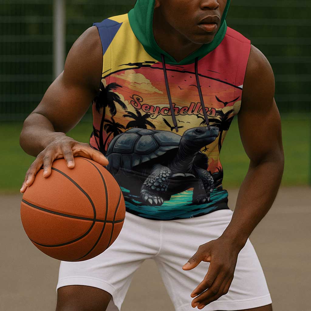Personalised Afro Seychelles Sleeveless Hoodie Aldabra Giant Tortoise With Beach Sunset - African Pride