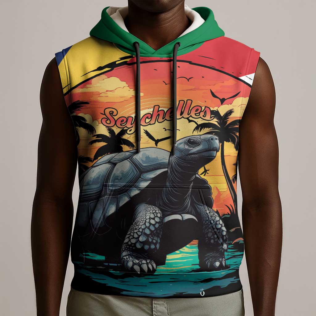 Personalised Afro Seychelles Sleeveless Hoodie Aldabra Giant Tortoise With Beach Sunset - African Pride