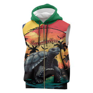 Personalised Afro Seychelles Sleeveless Zip Hoodie Aldabra Giant Tortoise With Beach Sunset - African Pride