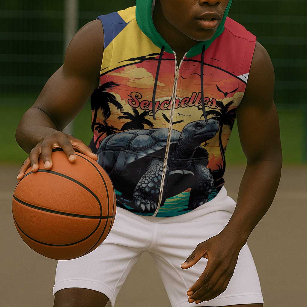 Personalised Afro Seychelles Sleeveless Zip Hoodie Aldabra Giant Tortoise With Beach Sunset - African Pride