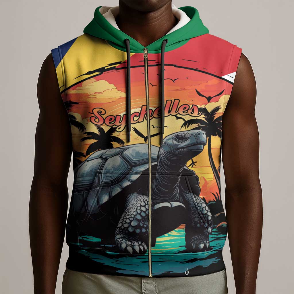 Personalised Afro Seychelles Sleeveless Zip Hoodie Aldabra Giant Tortoise With Beach Sunset - African Pride
