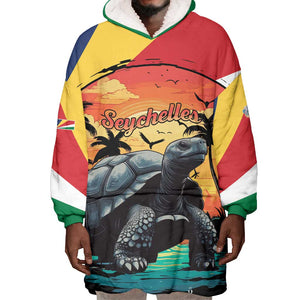 Personalised Afro Seychelles Wearable Blanket Hoodie Aldabra Giant Tortoise With Beach Sunset