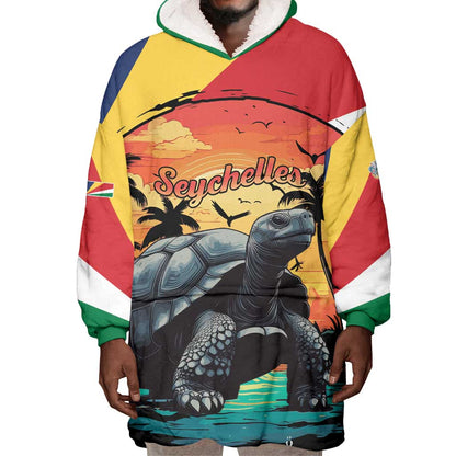 Personalised Afro Seychelles Wearable Blanket Hoodie Aldabra Giant Tortoise With Beach Sunset