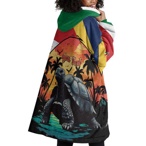 Personalised Afro Seychelles Wearable Blanket Hoodie Aldabra Giant Tortoise With Beach Sunset