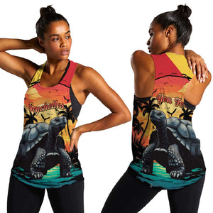Personalised Afro Seychelles Women Racerback Tank Aldabra Giant Tortoise With Beach Sunset