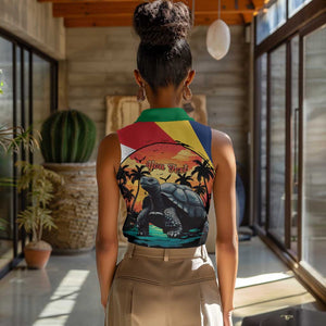 Personalised Afro Seychelles Women Sleeveless Polo Shirt Aldabra Giant Tortoise With Beach Sunset