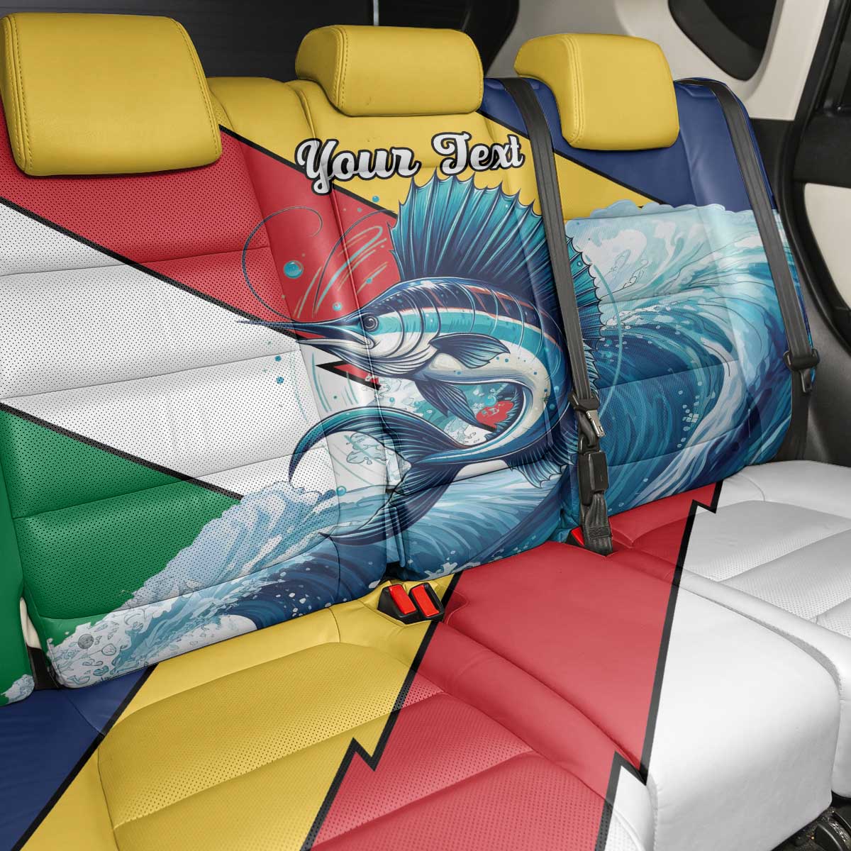 Personalised Afro Seychelles Back Car Seat Cover Sailfish With Coat Of Arms