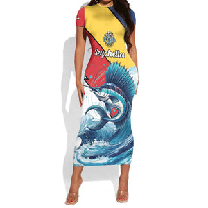 Personalised Afro Seychelles Short Sleeve Bodycon Dress Sailfish With Coat Of Arms LT15