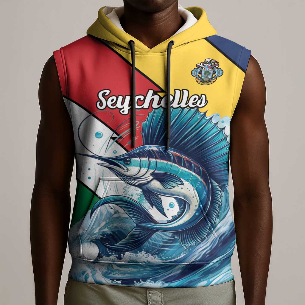 Personalised Afro Seychelles Sleeveless Hoodie Sailfish With Coat Of Arms - African Pride