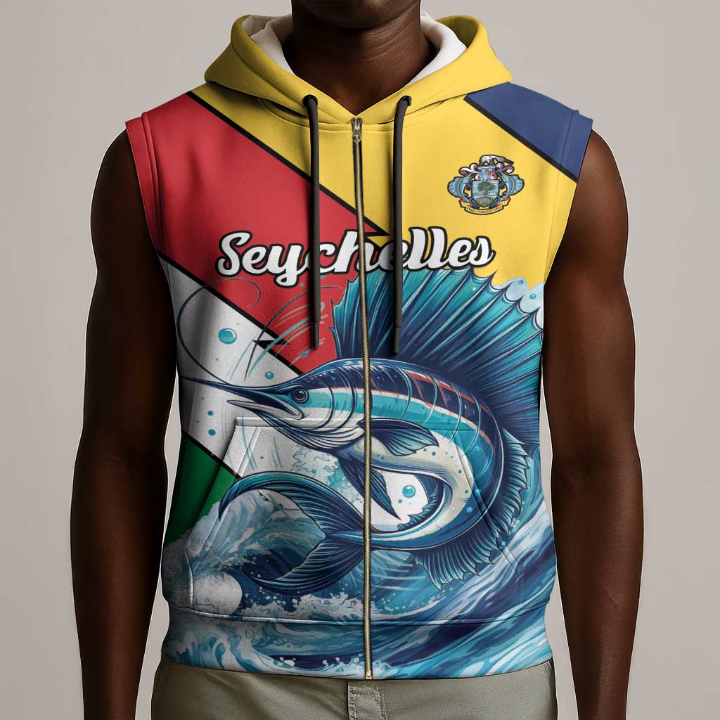 Personalised Afro Seychelles Sleeveless Zip Hoodie Sailfish With Coat Of Arms - African Pride