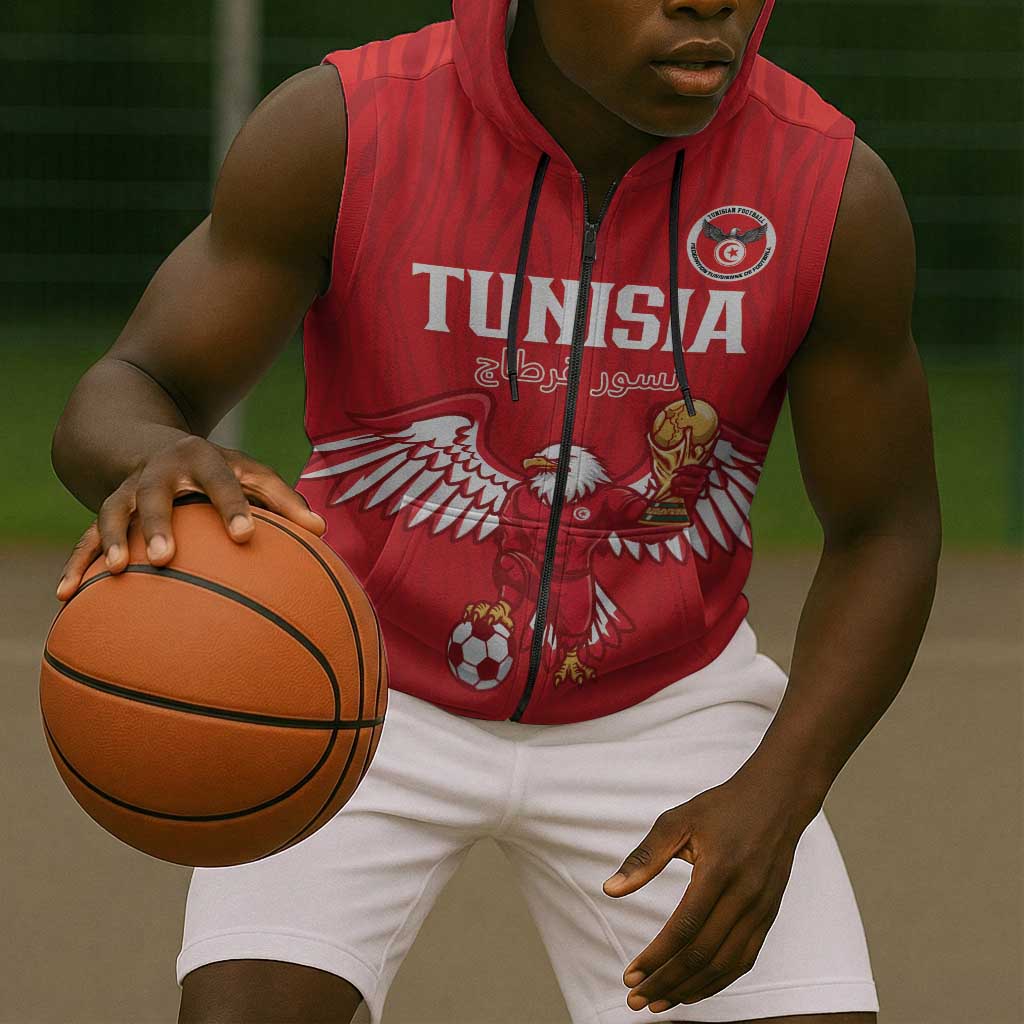 Custom Tunisia Football Sleeveless Zip Hoodie Eagles of Carthage Rise - African Pride