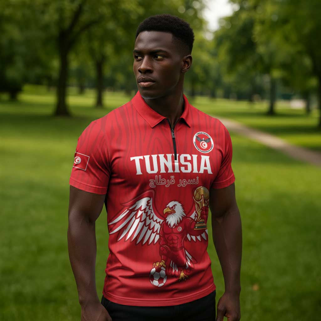 Custom Tunisia Football Zipper Polo Shirt Eagles of Carthage Rise - African Pride