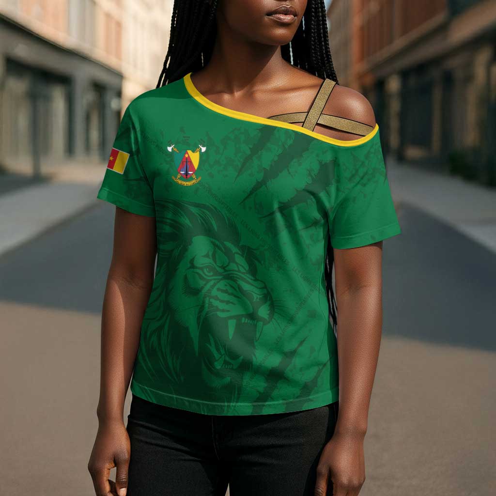 Custom Cameroon Football Cross Shoulder Shirt Go Les Lions Indomptables Go - African Pride