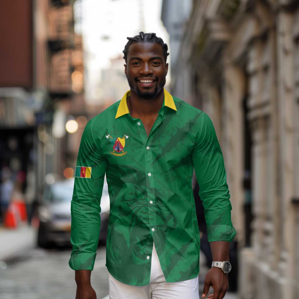 Custom Cameroon Football Long Sleeve Button Shirt Go Les Lions Indomptables Go - African Pride