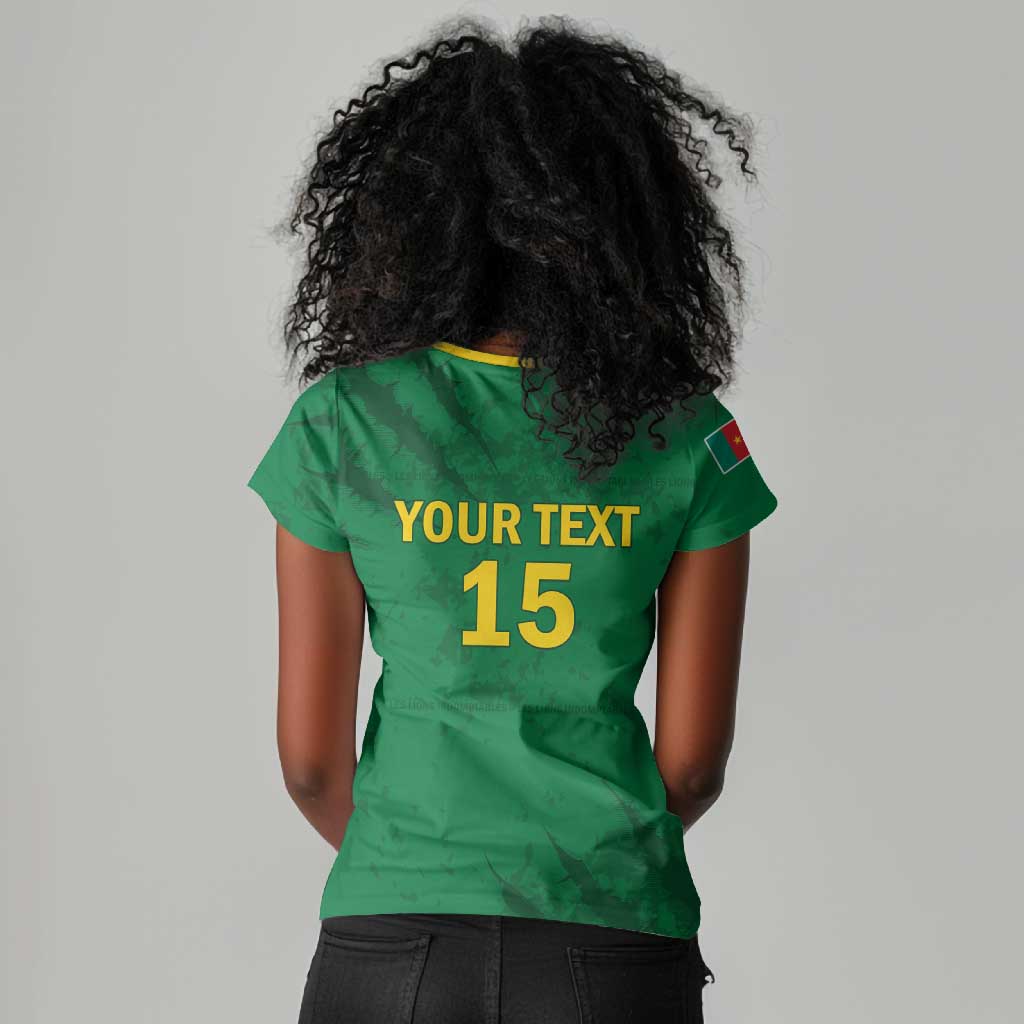 Custom Cameroon Football Women V-Neck T-Shirt Go Les Lions Indomptables Go LT15