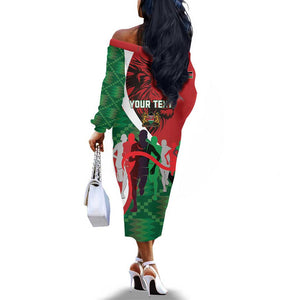 Personalised Athletics Kenya Off The Shoulder Long Sleeve Dress Kente Pattern