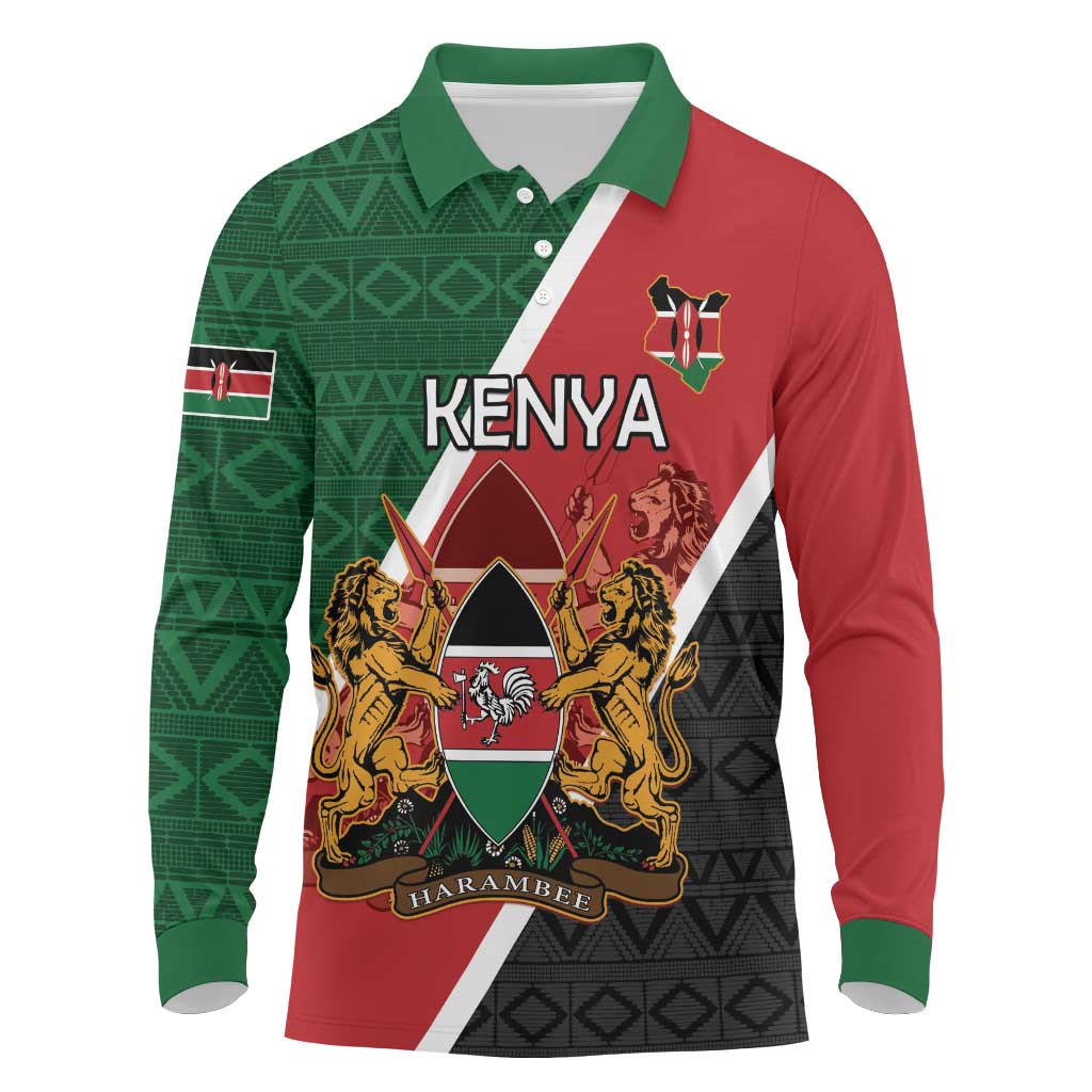 Personalised Kenya Long Sleeve Polo Shirt Flag Style - African Pattern