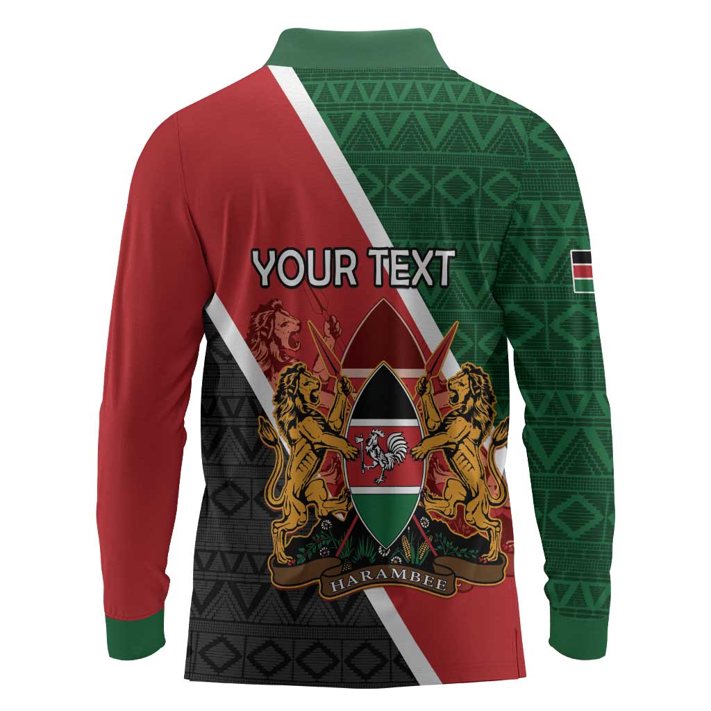 Personalised Kenya Long Sleeve Polo Shirt Flag Style - African Pattern