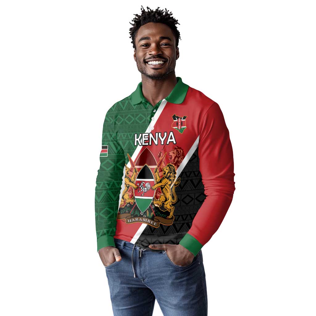 Personalised Kenya Long Sleeve Polo Shirt Flag Style - African Pattern