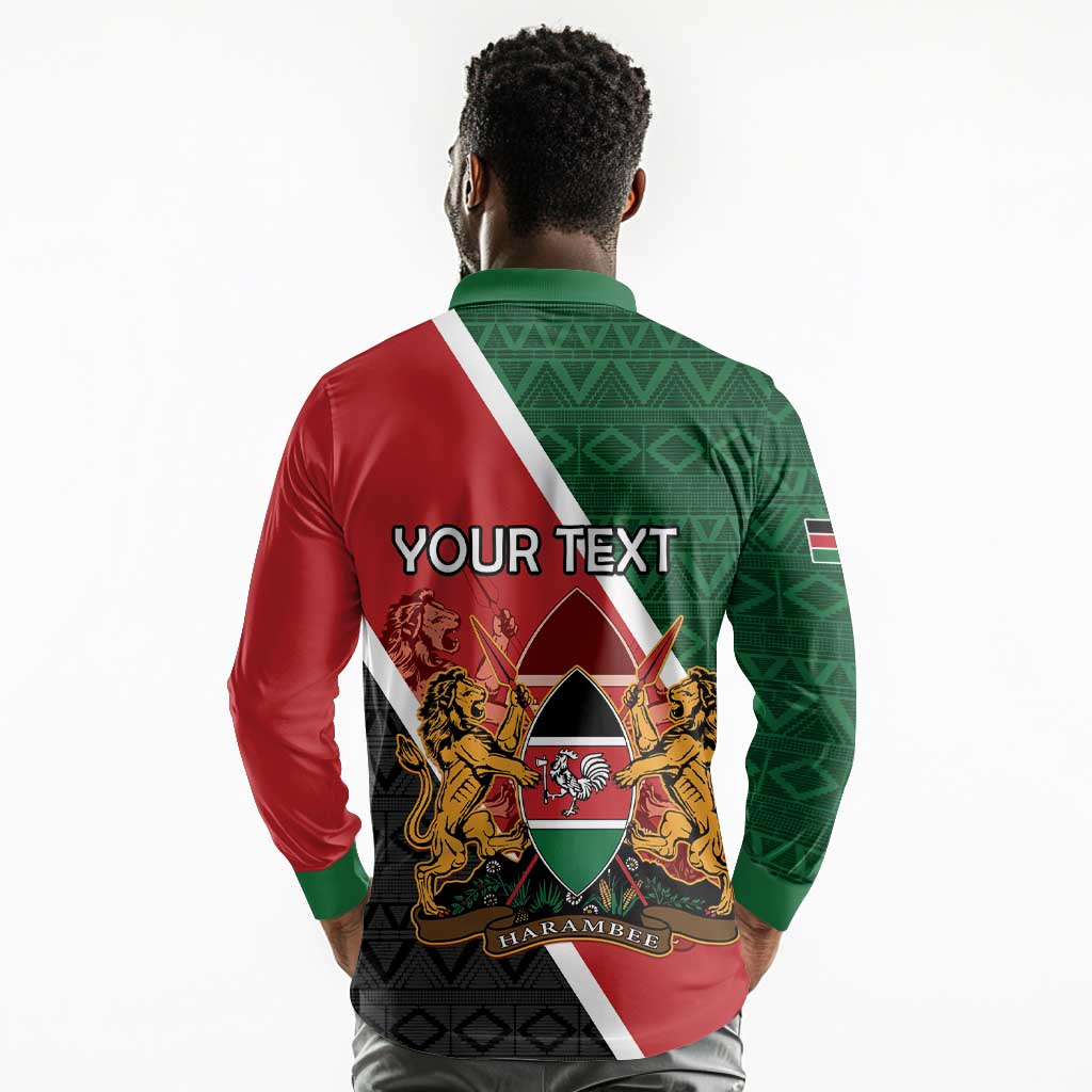 Personalised Kenya Long Sleeve Polo Shirt Flag Style - African Pattern