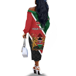Personalised Kenya Off The Shoulder Long Sleeve Dress Flag Style - African Pattern