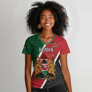 Personalised Kenya Women V-Neck T-Shirt Flag Style - African Pattern