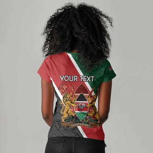 Personalised Kenya Women V-Neck T-Shirt Flag Style - African Pattern