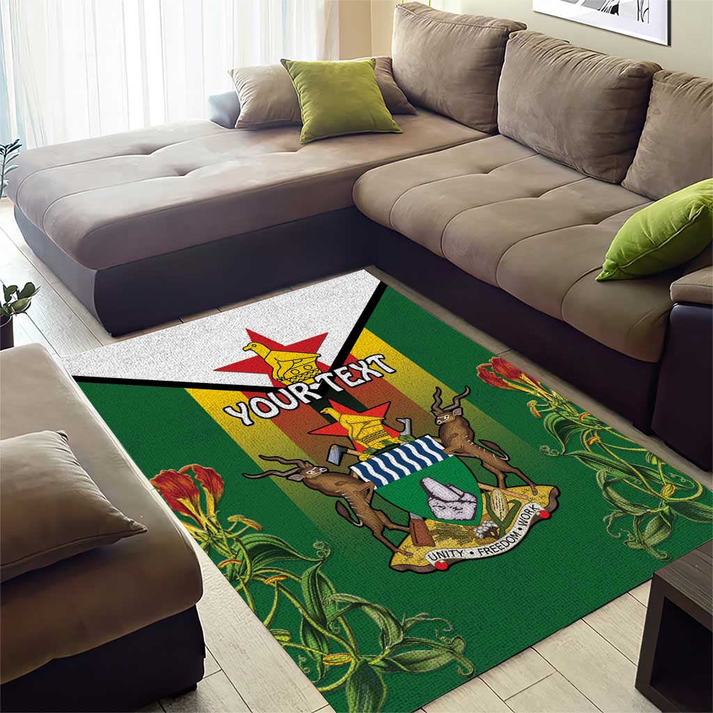 Personalised Zimbabwe Independence Day Area Rug Coat Of Arms Fire Lilies