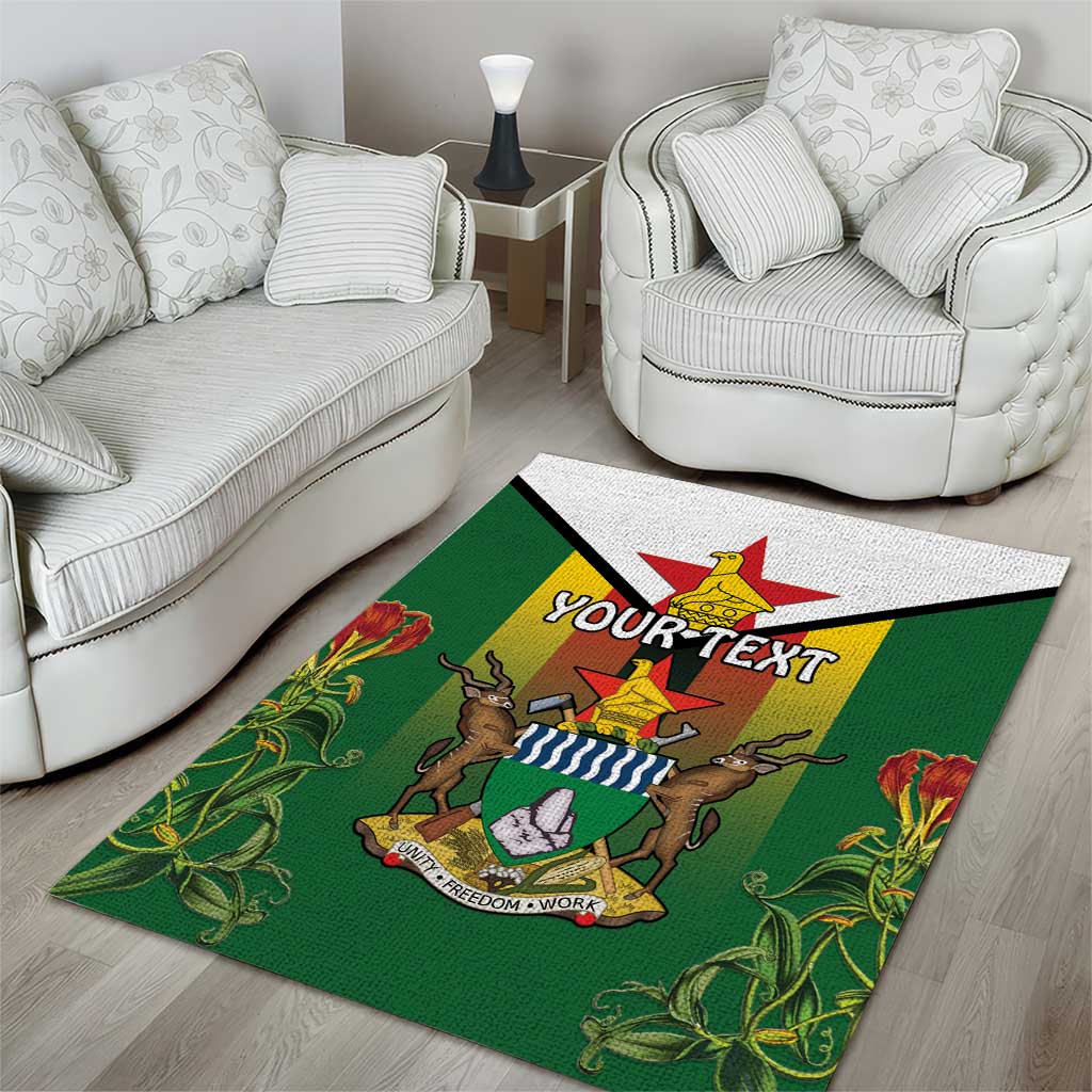 Personalised Zimbabwe Independence Day Area Rug Coat Of Arms Fire Lilies