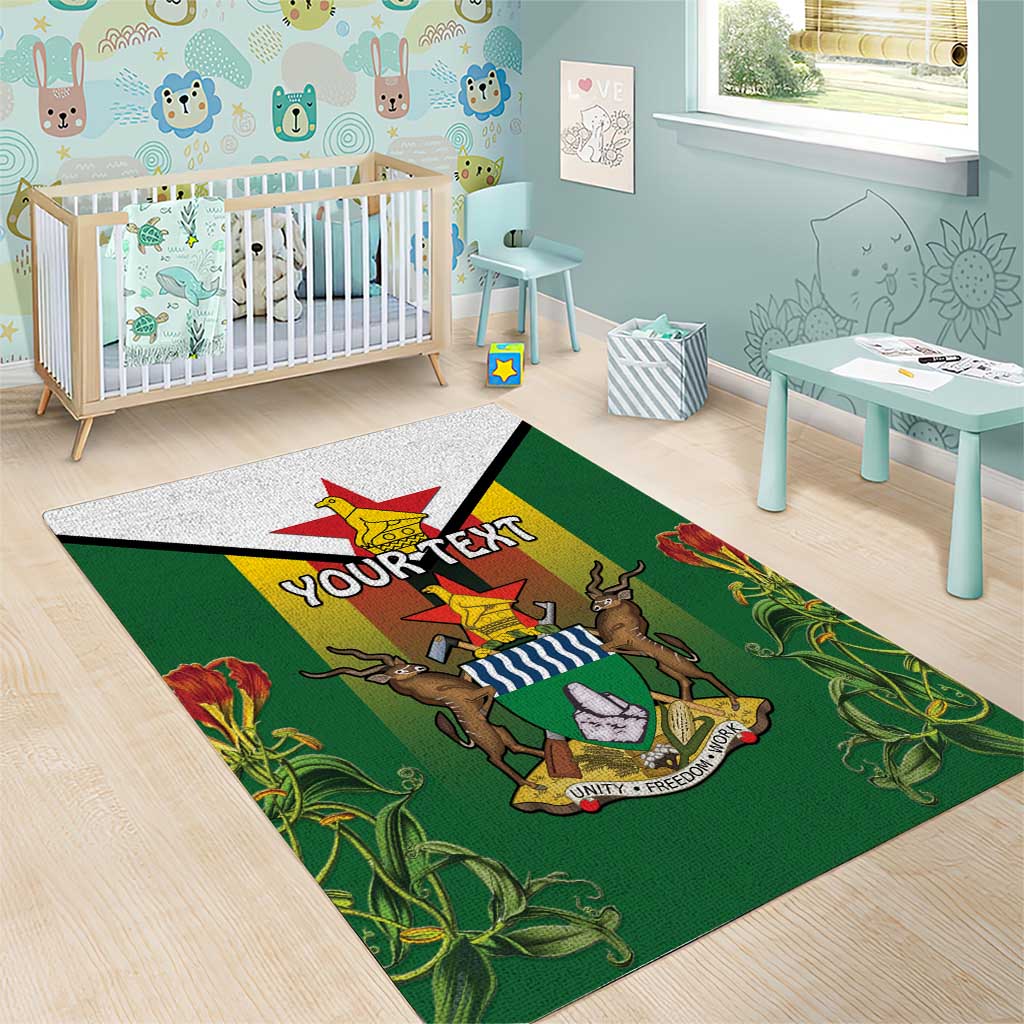 Personalised Zimbabwe Independence Day Area Rug Coat Of Arms Fire Lilies