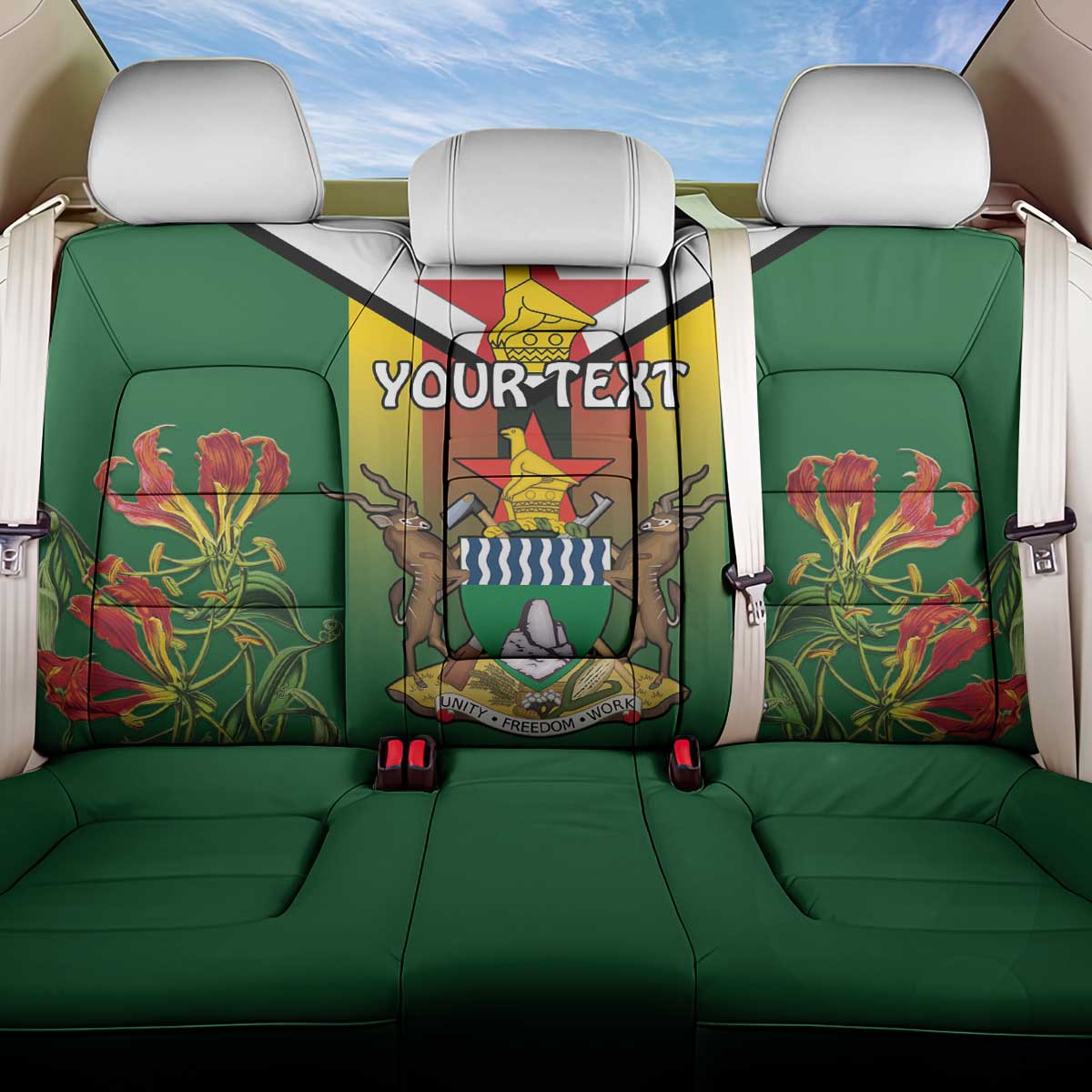 Personalised Zimbabwe Independence Day Back Car Seat Cover Coat Of Arms Fire Lilies