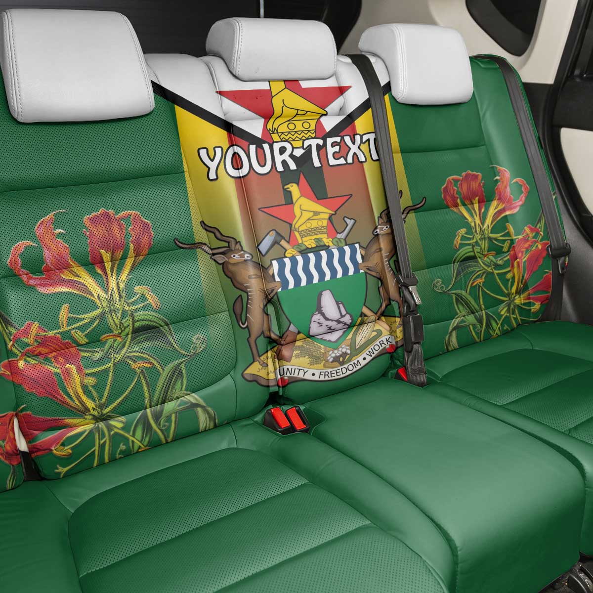 Personalised Zimbabwe Independence Day Back Car Seat Cover Coat Of Arms Fire Lilies