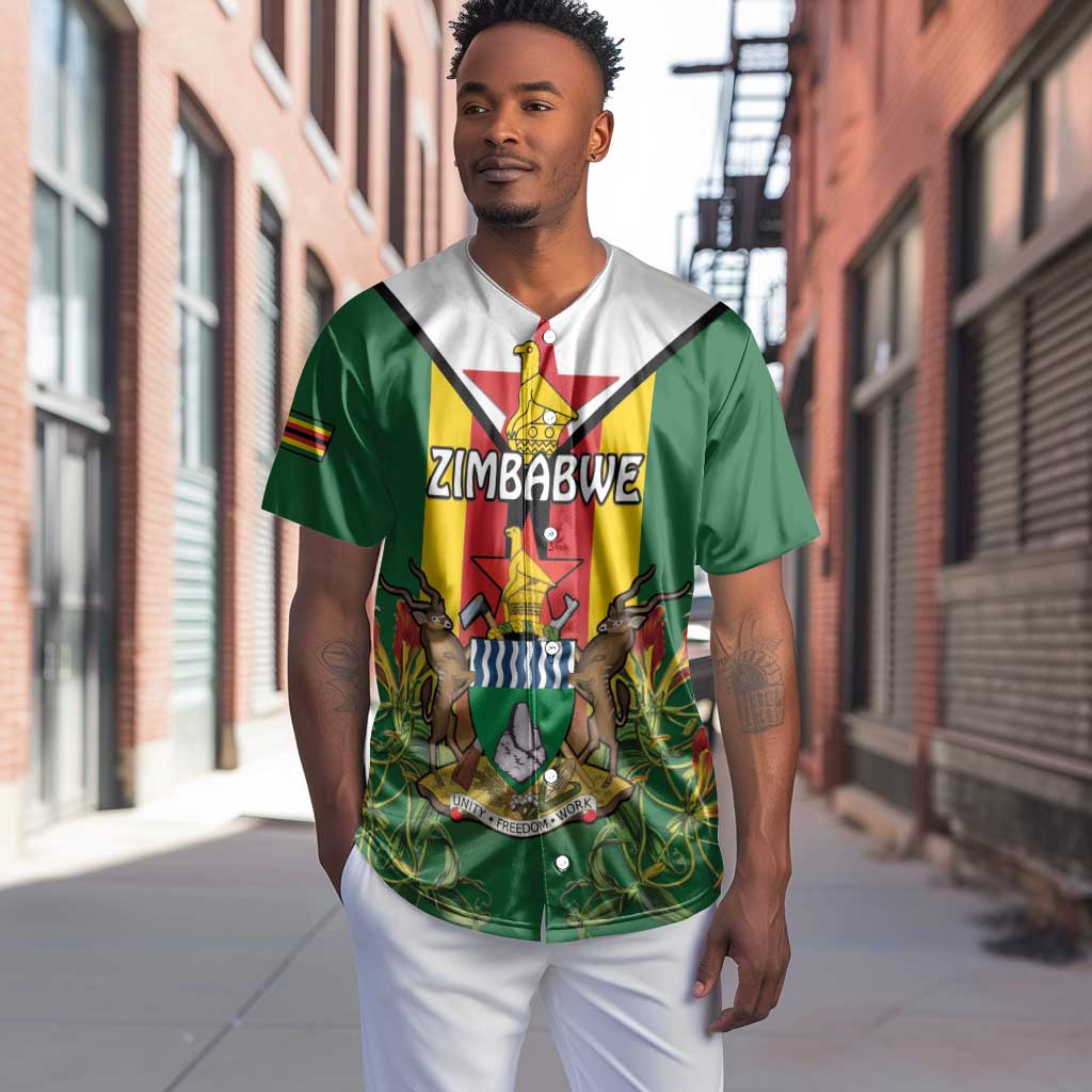 Personalised Zimbabwe Independence Day Baseball Jersey Coat Of Arms Fire Lilies