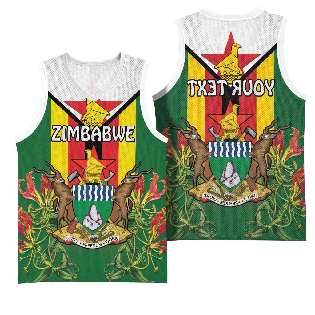 Personalised Zimbabwe Independence Day Basketball Jersey Coat Of Arms Fire Lilies - African Pride