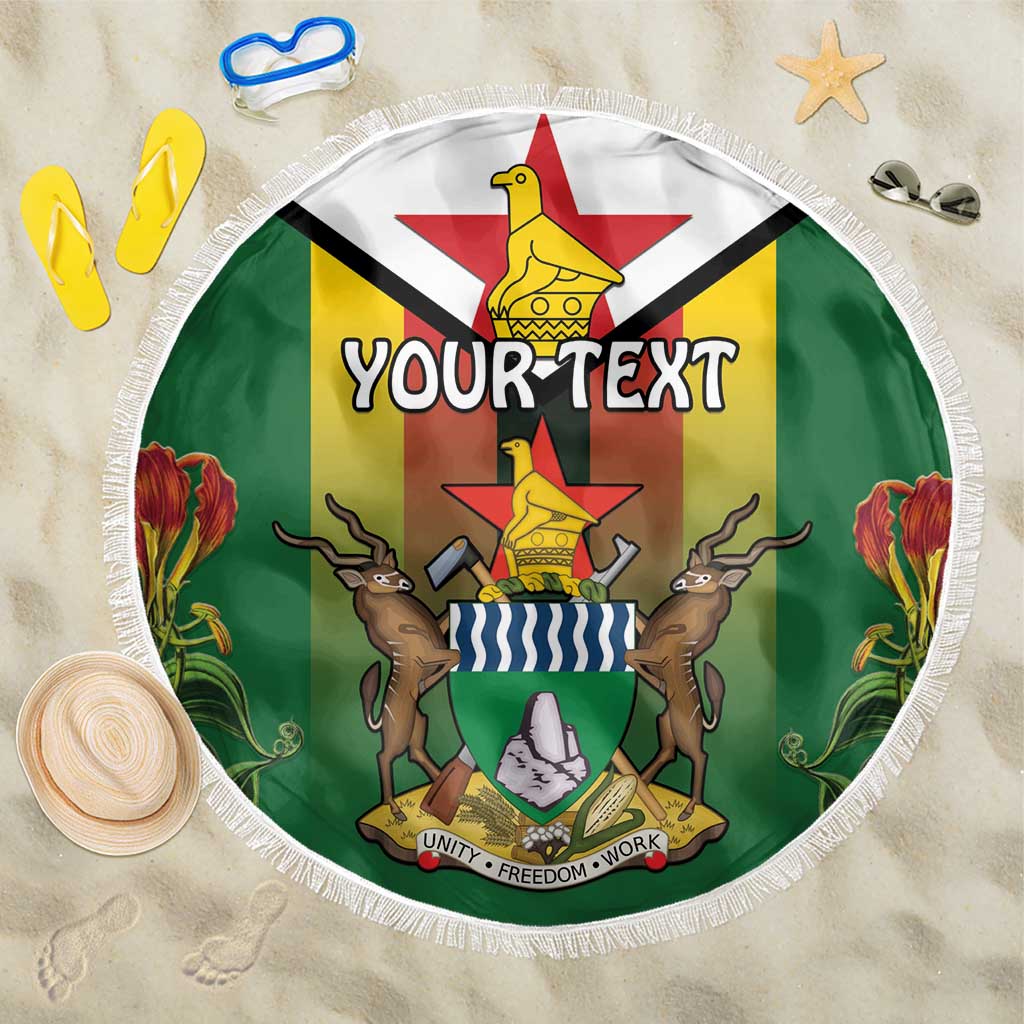 Personalised Zimbabwe Independence Day Beach Blanket Coat Of Arms Fire Lilies