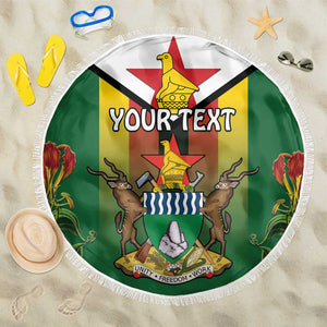 Personalised Zimbabwe Independence Day Beach Blanket Coat Of Arms Fire Lilies