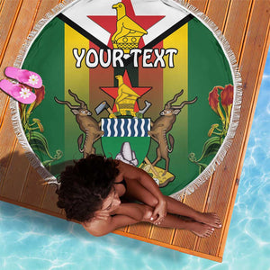 Personalised Zimbabwe Independence Day Beach Blanket Coat Of Arms Fire Lilies