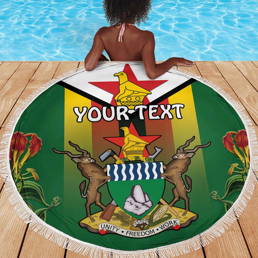 Personalised Zimbabwe Independence Day Beach Blanket Coat Of Arms Fire Lilies