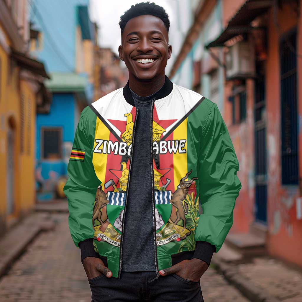 Personalised Zimbabwe Independence Day Bomber Jacket Coat Of Arms Fire Lilies