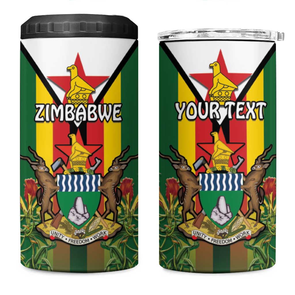 Personalised Zimbabwe Independence Day 4 in 1 Can Cooler Tumbler Coat Of Arms Fire Lilies