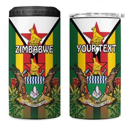 Personalised Zimbabwe Independence Day 4 in 1 Can Cooler Tumbler Coat Of Arms Fire Lilies
